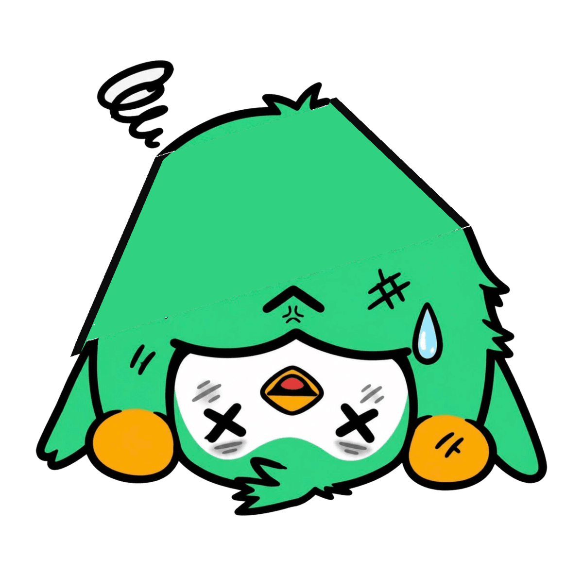Green penguin mascot, upside down, stamped RECALL